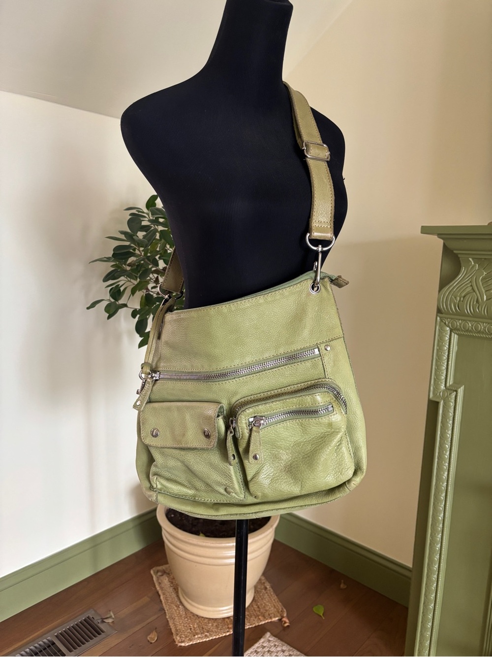 Fossil Green Leather Crossbody tote Bag